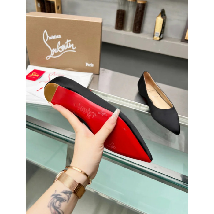 Christian Louboutin Black Satin Pointed‑Toe Low‑Wedge Heel Flats