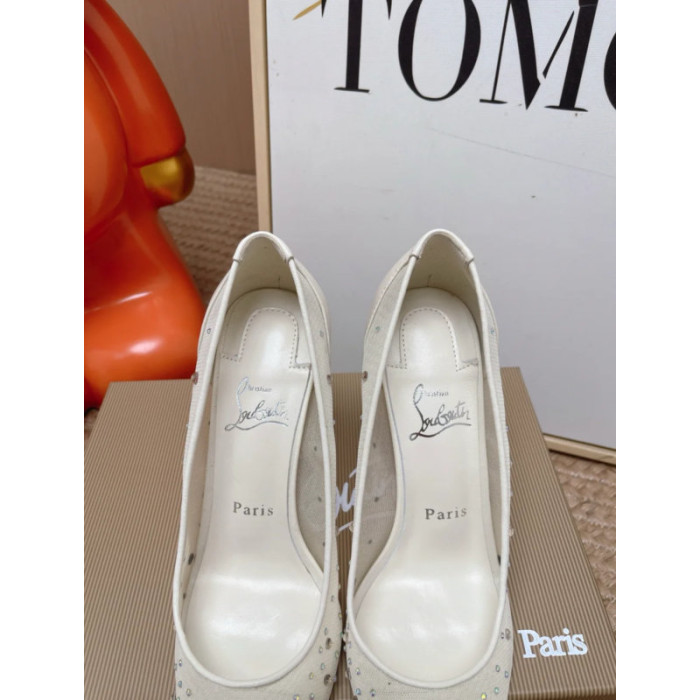 Christian Louboutin Ivory Mesh Crystal‑Embellished 100mm Pointed‑Toe Stiletto Heel Pumps