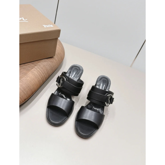 Christian Louboutin Black Leather CL‑Buckle Mule Block Heel Sandals 85mm heel