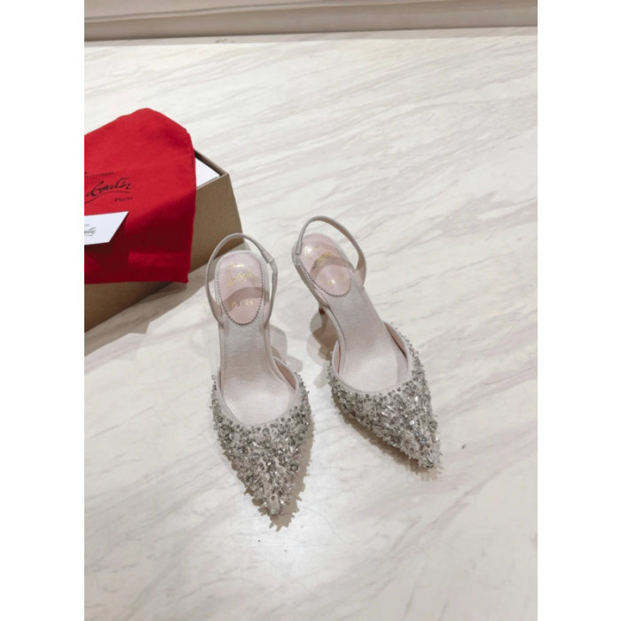 Christian Louboutin Ivory Fabric Crystal‑Embellished 100mm Pointed‑Toe Slingback Stiletto Heel Pumps