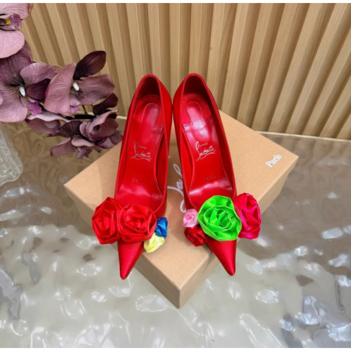 Christian Louboutin Red Satin Multicolor Fabric Flower 100mm Stiletto Heel Pumps