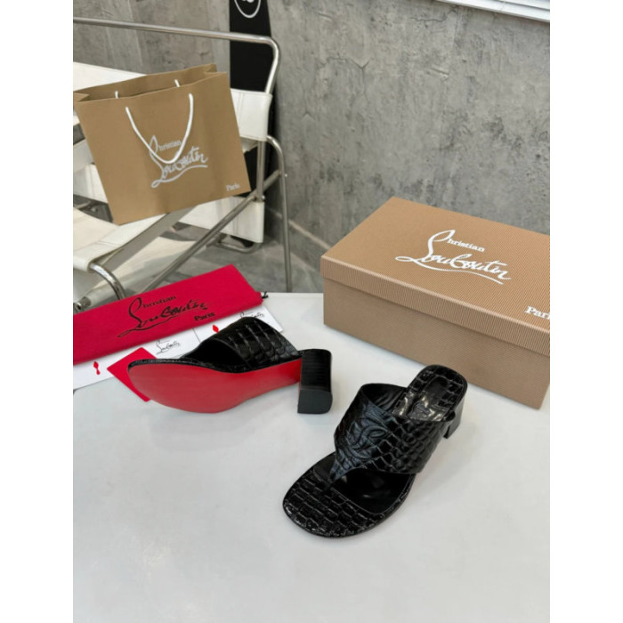 Christian Louboutin Black Croc‑embossed Leather 55mm Block Heel Mule Sandal