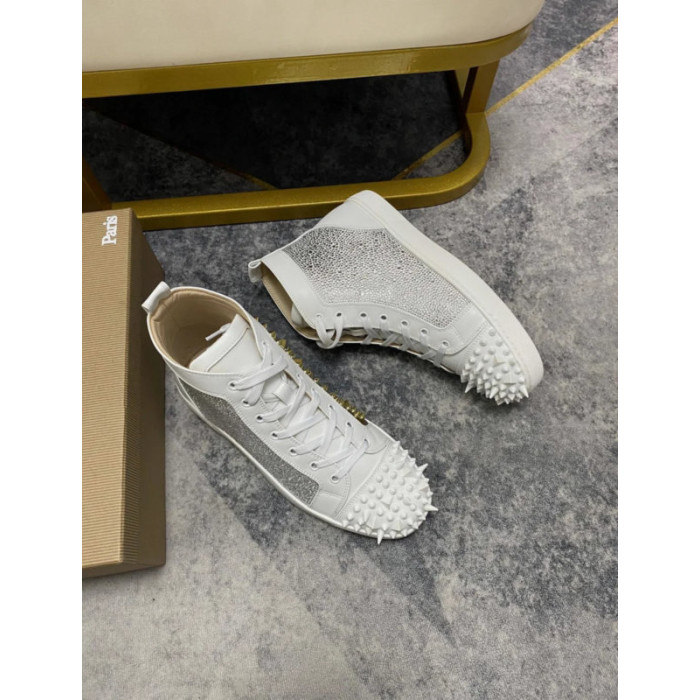 Christian Louboutin White Strass Rhinestone Spiked High‑Top Sneakers