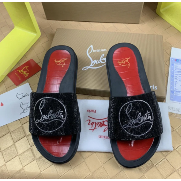 Christian Louboutin Black Crystal Slide Sandals Silver Rhinestone Circular Logo