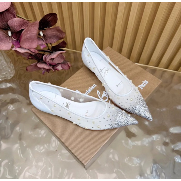 Christian Louboutin White Mesh Pearl Crystal‑Embellished Pointed‑Toe Flat Pumps