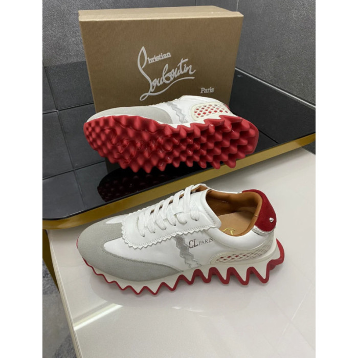 Christian Louboutin White Leather Suede Red Zigzag Sole Low‑Top Sneakers