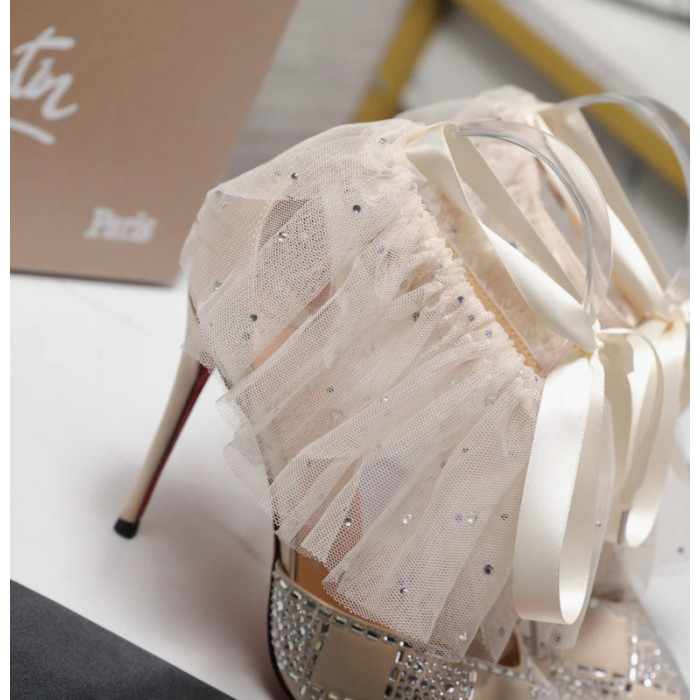 Christian Louboutin Ivory Satin Checkerboard Crystal Tulle Ruffle 100mm Stiletto Heel Pumps