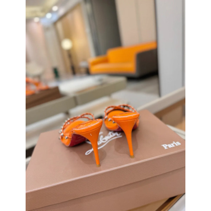 Christian Louboutin Orange Patent Leather 100mm heel Silver‑Spiked Mule High‑Heel Sandals