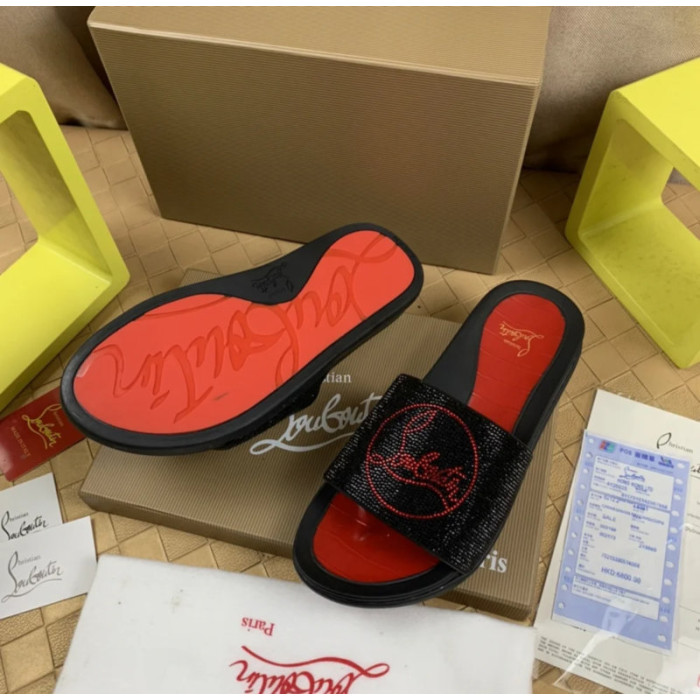 Christian Louboutin Black Crystal Slide Sandals Red Rhinestone Circular Logo