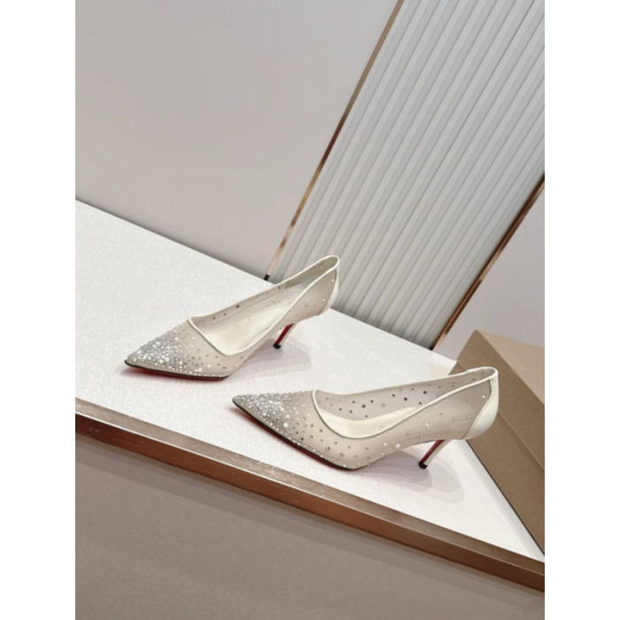 Christian Louboutin White Mesh Crystal‑Embellished 85mm Stiletto Heel Pointed‑Toe Pumps