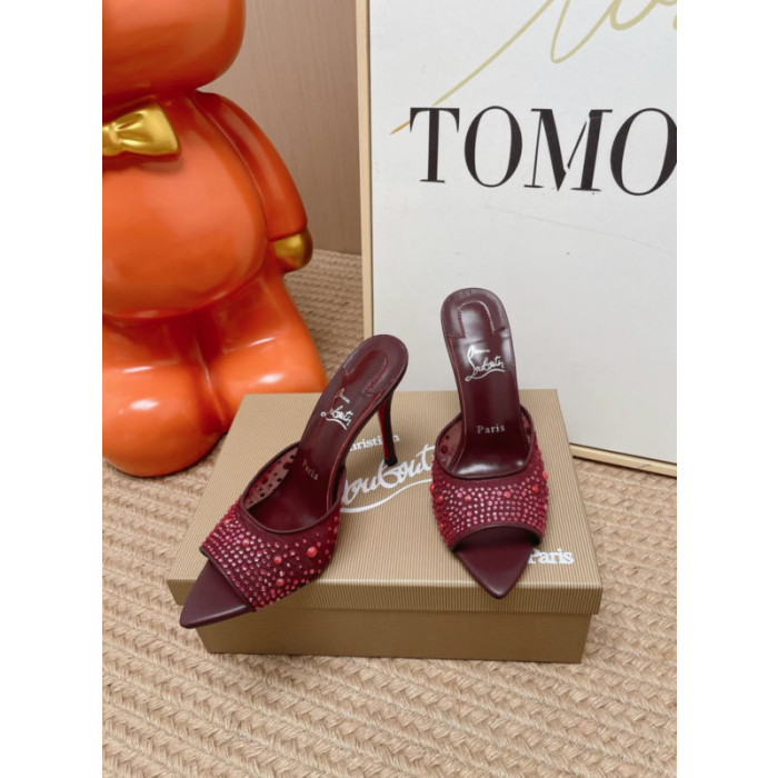 Christian Louboutin Burgundy Mesh Crystal‑Embellished 100mm Peep‑Toe Stiletto Heel Mules