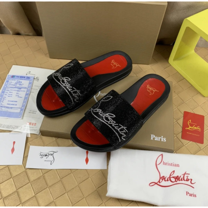 Christian Louboutin Black Crystal Logo Embellished Flat Slide Sandals