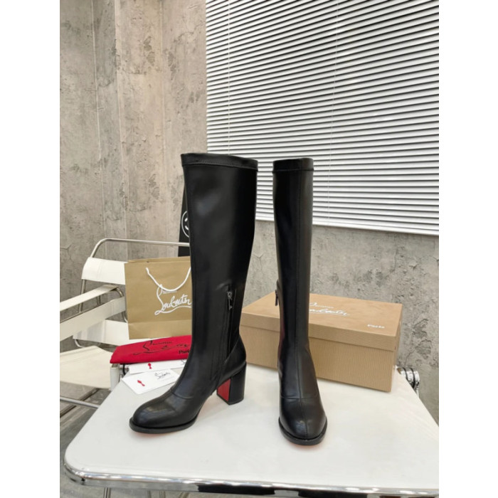 Christian Louboutin Black Smooth Leather 85mm heel Block‑Heel Knee‑High Boots