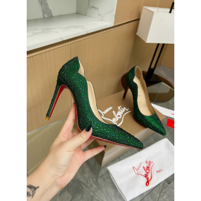 Christian Louboutin Emerald Green Crystal‑Encrusted Scalloped 100mm heel Pump