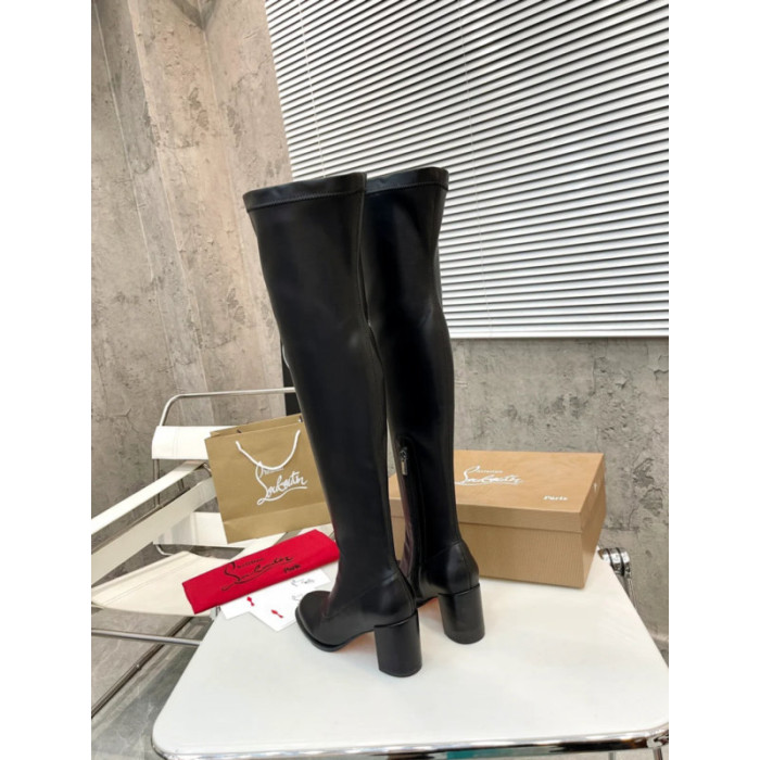 Christian Louboutin Black Stretch Leather 85mm heel Block‑Heel Over‑The‑Knee Boots