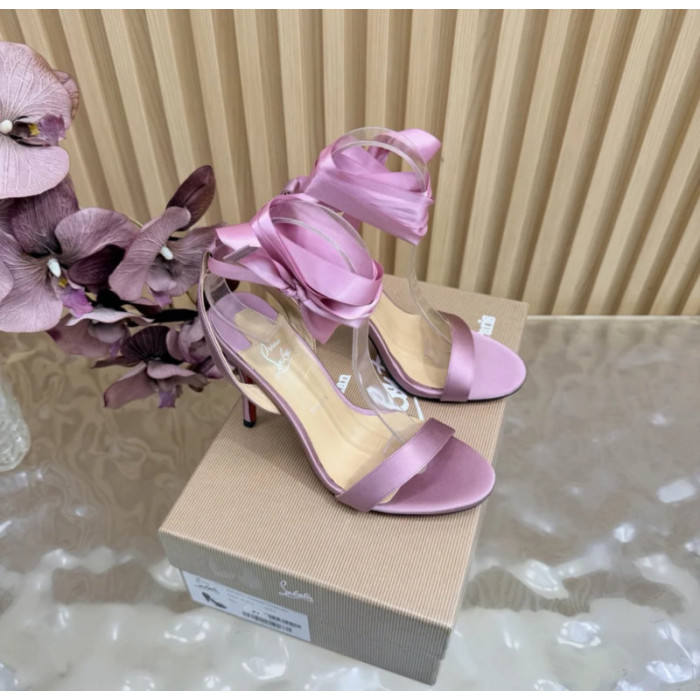 Christian Louboutin Dusty Rose Satin 100mm Ankle‑Wrap Tie Stiletto Sandals