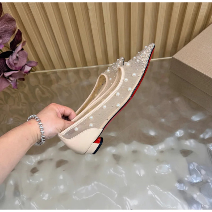 Christian Louboutin Beige Mesh Pearl Crystal‑Embellished Pointed‑Toe Flat Pumps