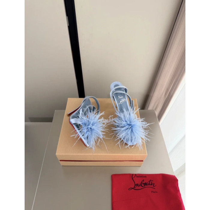 Christian Louboutin Light Blue Satin 100mm Feather Slingback Sandals