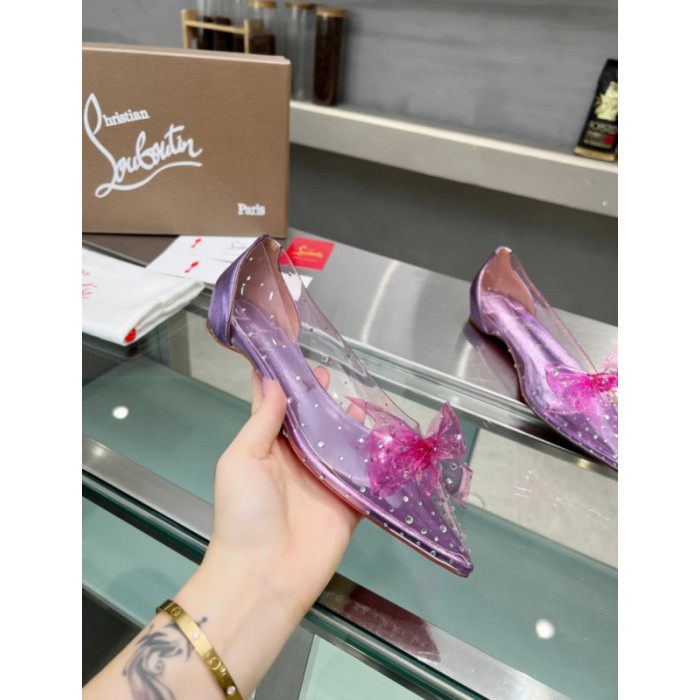 Christian Louboutin Purple Transparent PVC Pink Bow Crystal Pointed‑Toe Flat Pumps