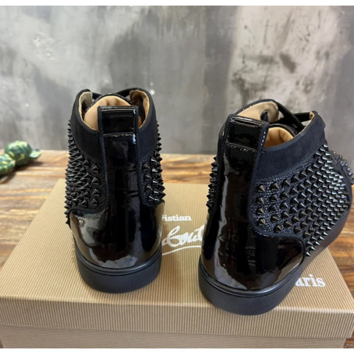 Christian Louboutin Black Glitter Spike‑Embellished High‑Top Sneakers