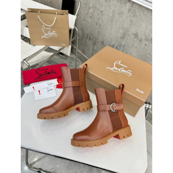 Christian Louboutin Brown Leather Buckle‑Strap Lug‑Sole Chelsea Ankle Boots