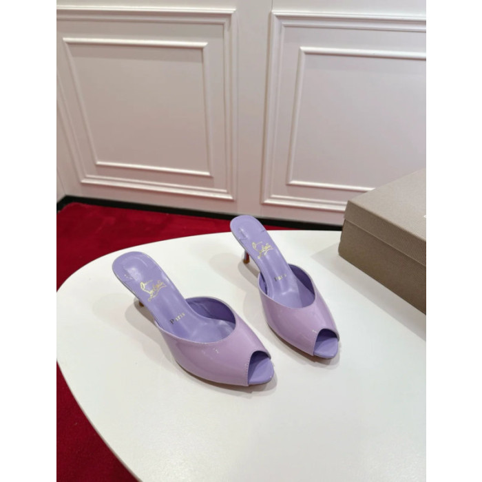 Christian Louboutin Lavender Patent Peep‑Toe Kitten Heel Mules
