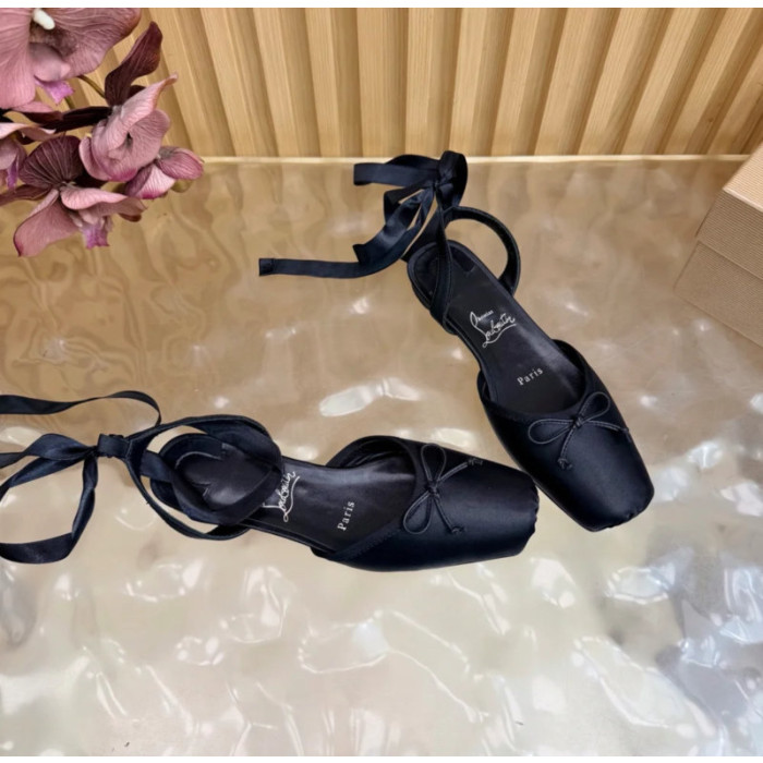 Christian Louboutin Black Satin Bow Ankle‑Tie Slingback Ballet Flats