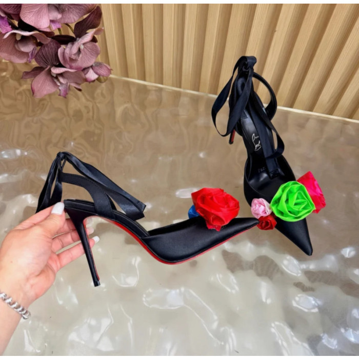 Christian Louboutin Black Satin Multicolor Fabric Flower 100mm Stiletto Heel Slingback Pumps
