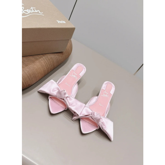 Christian Louboutin Pink Satin Oversized‑Bow Pointed‑Toe Mule Kitten Heel Sandals 55mm heel