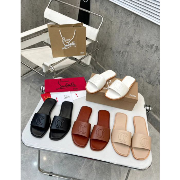 Christian Louboutin Caramel Brown Leather Stitched Logo Flat Slide Sandal