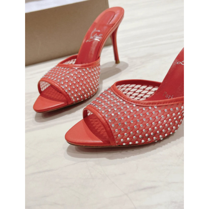 Christian Louboutin Red Mesh Crystal‑Embellished 100mm Peep‑Toe Stiletto Heel Mules