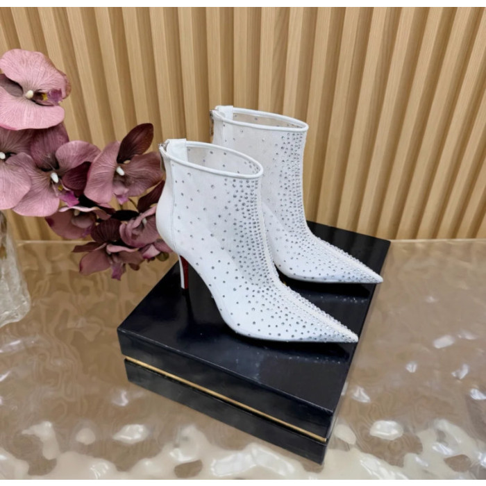 Christian Louboutin White Mesh 100mm Crystal‑Embellished Pointed Toe Stiletto Heel Ankle Boots
