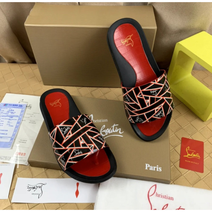 Christian Louboutin Geometric‑Print Logo Slide Sandals
