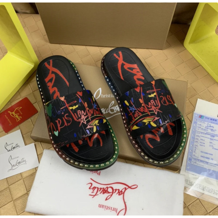 Christian Louboutin Black Graffiti‑Print Slides Rainbow Crystal‑Trimmed Sole