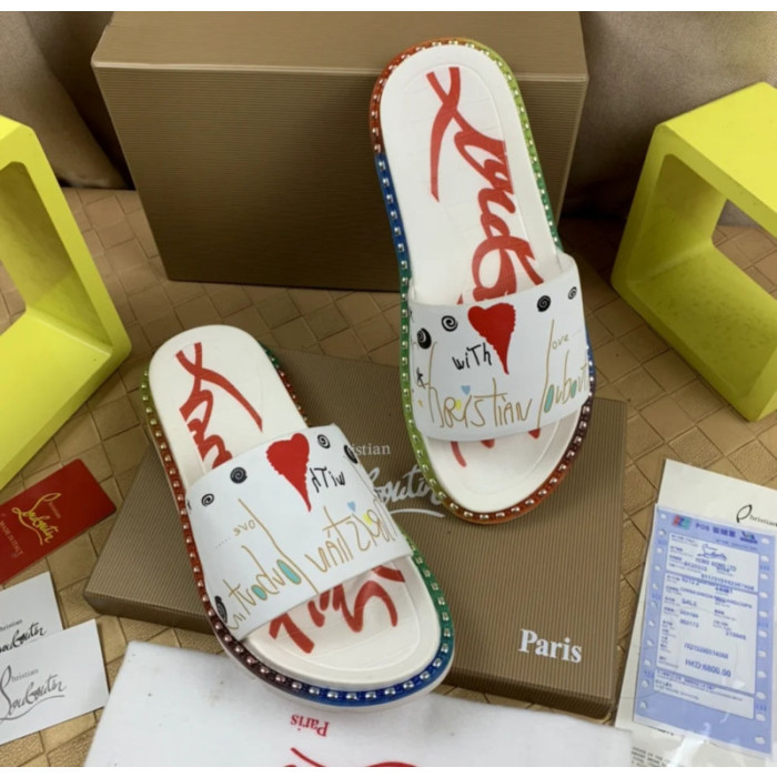 Christian Louboutin White Heart‑Graffiti Print Slides Rainbow Crystal‑Trimmed Sole