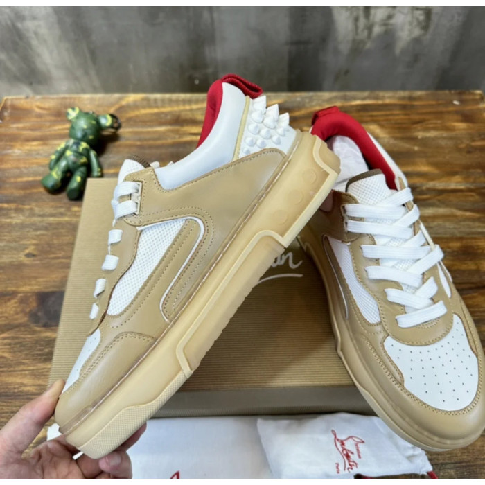 Christian Louboutin Tan‑White Leather Mesh Spiked Platform Low‑Top Sneakers
