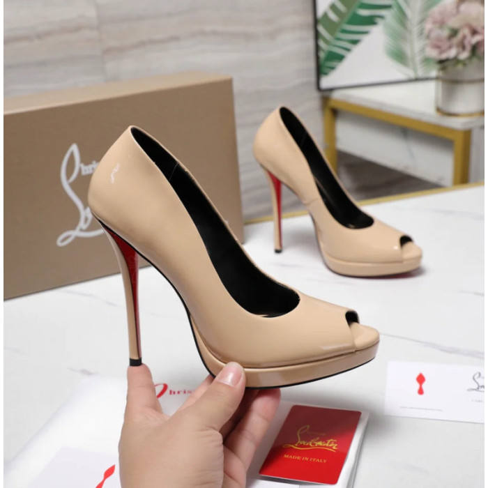 Christian Louboutin Lady Z 120 Nude Patent Peep‑Toe Platform Stiletto Heel Pumps