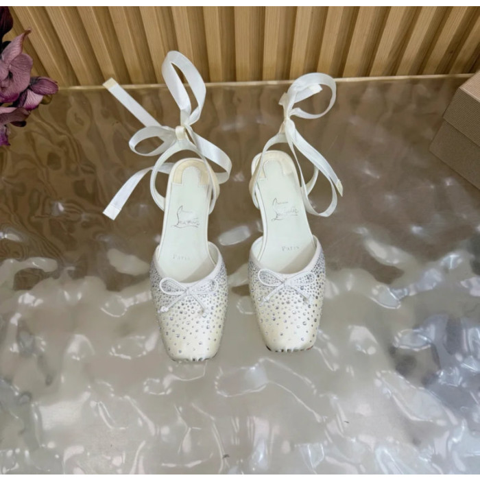 Christian Louboutin White Satin Crystal‑Embellished Ankle‑Tie Slingback Ballet Flats