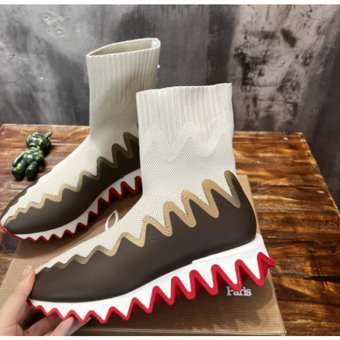 Christian Louboutin Beige‑Brown Knit Sock‑Style Shark‑Tooth Sole High‑Top Sneaker Boots
