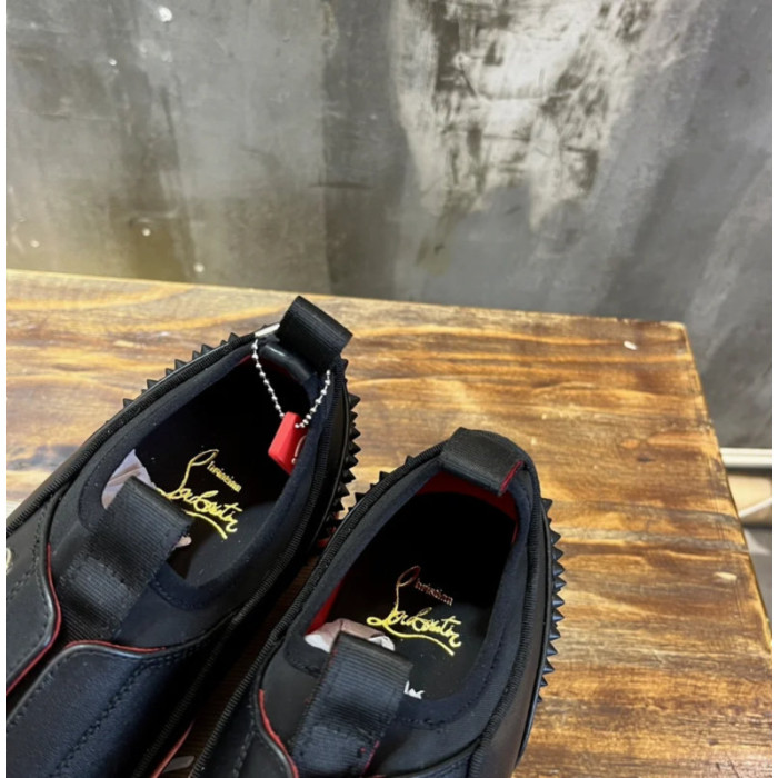 Christian Louboutin Black Leather Red‑Trim Spiked Slip‑On Sneakers