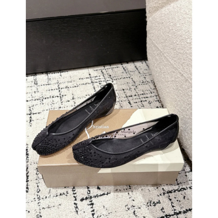 Christian Louboutin × Maison Margiela Black Mesh Crystal Tabi Split‑Toe Wedge Flats