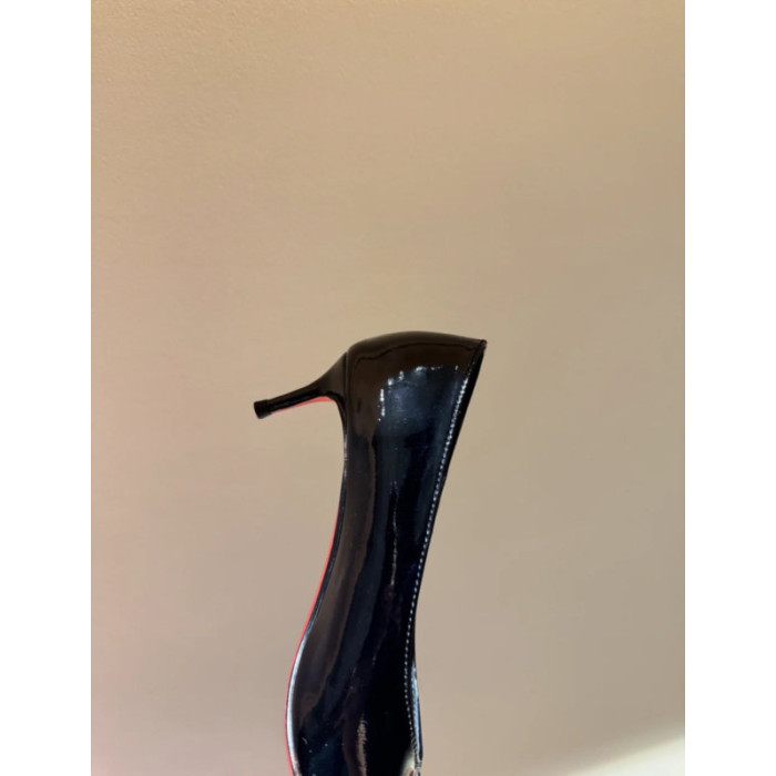 Christian Louboutin Black Patent Metal‑Tip Pointed Toe Kitten Heel Pumps