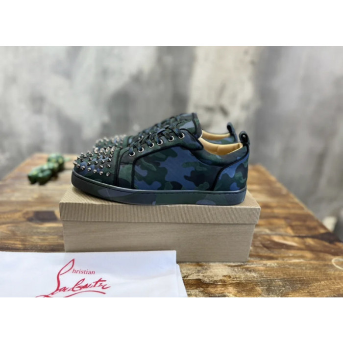 Christian Louboutin Green Camouflage Gunmetal‑Spiked Low‑Top Sneakers