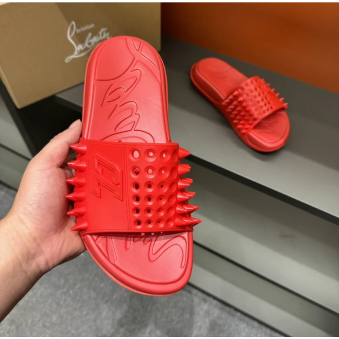 Christian Louboutin Red Rubber Spiked Flat Slide Sandals