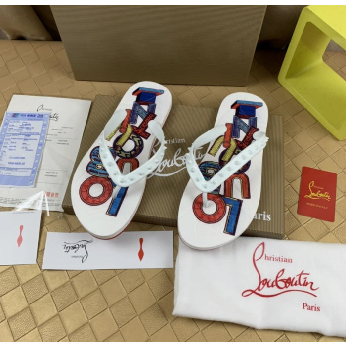 Christian Louboutin White Multi‑Color Graphic Print Studded Flip‑Flop Sandals