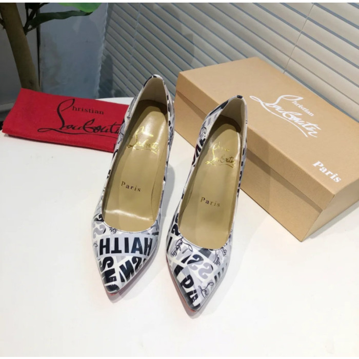 Christian Louboutin Monochrome Letter‑Print Pointed Toe 100mm Stiletto heel Pumps