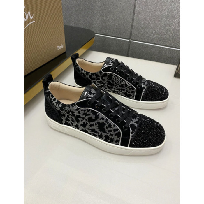 Christian Louboutin Black Suede Silver‑Glitter Floral Crystal‑Toe Low‑Top Sneakers