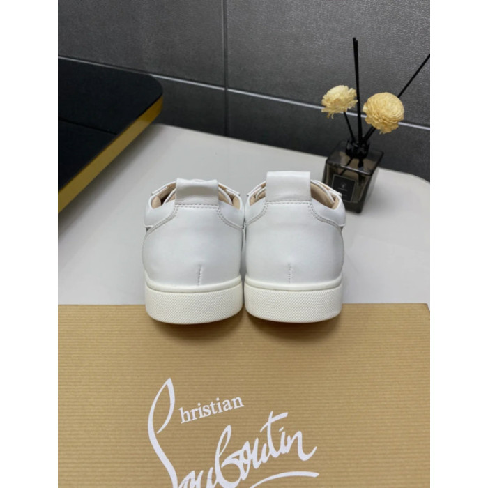Christian Louboutin White Leather Silver Crystal‑Encrusted Low‑Top Sneakers