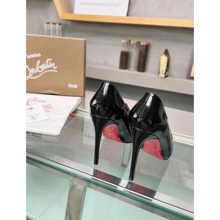 Christian Louboutin Black Patent Leather Scalloped Pointed‑Toe 100mm High Heel Pumps