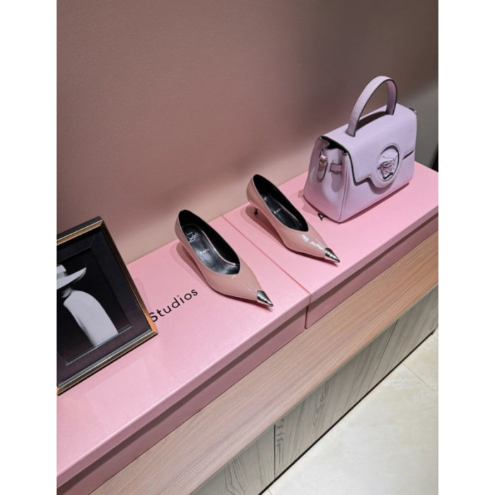 Christian Louboutin Pink Patent 55mm Metal‑Tip Pointed Toe Kitten Heel Pumps
